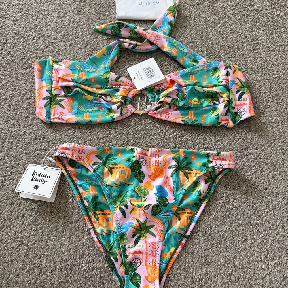 Kulani Kinis Pink & Teal Tropical Bandeau Bikini